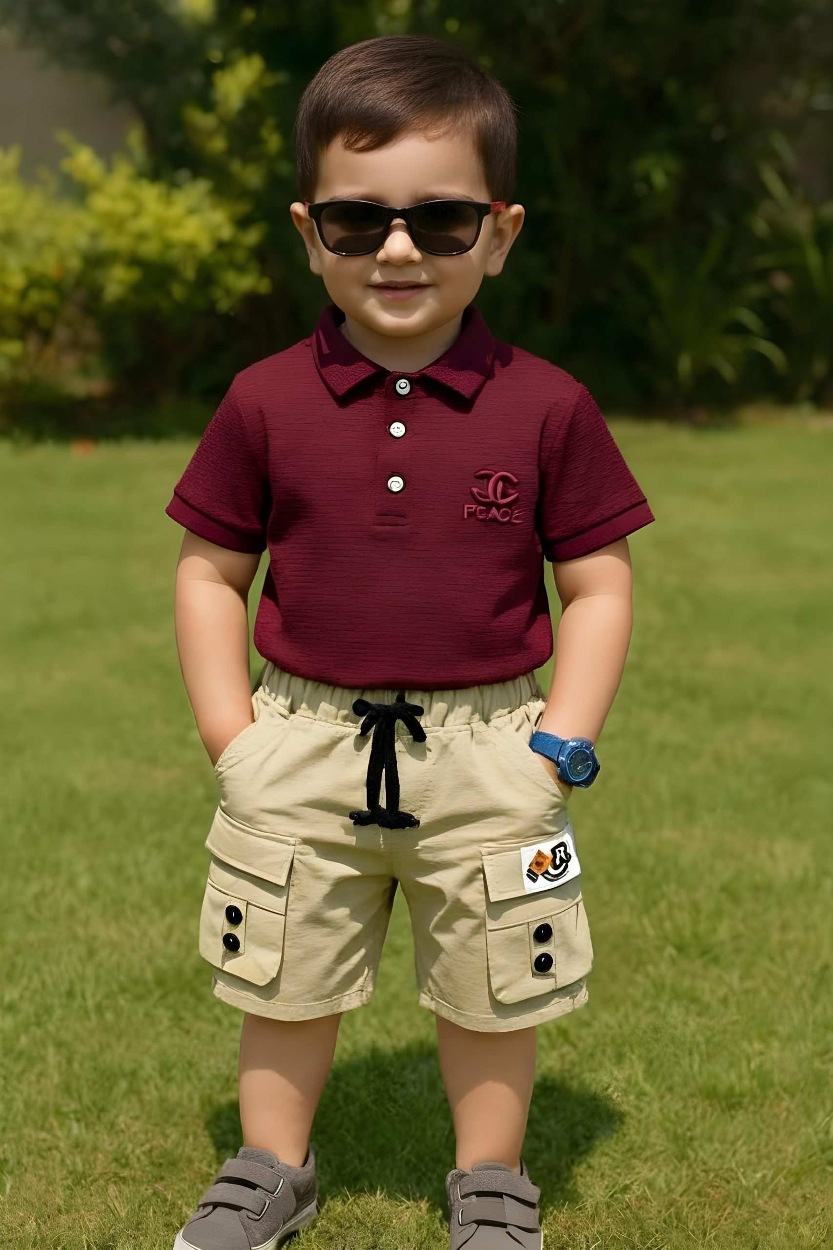 Boys Summer Outfit – Mehroon Polo & Beige Shorts