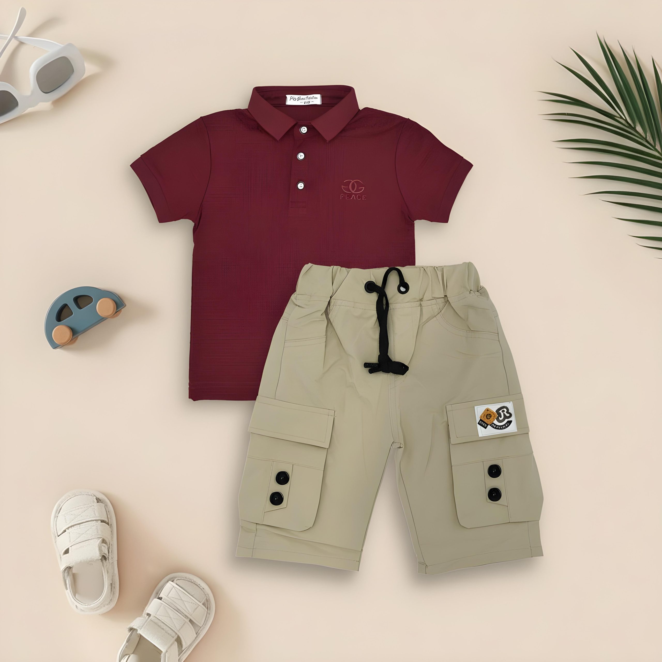 Boys Summer Outfit – Mehroon Polo & Beige Shorts - Image 4