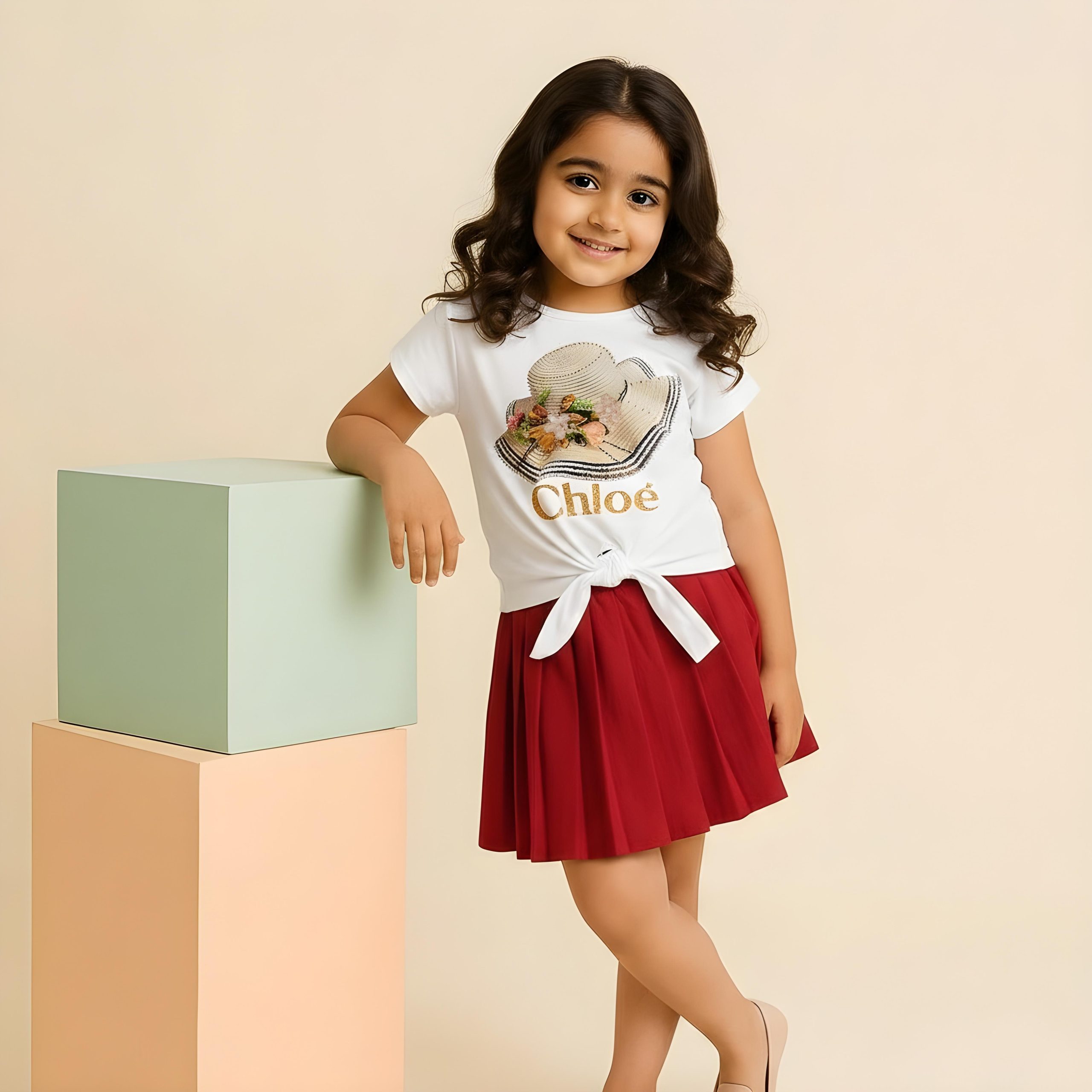 Girls Summer Outfit – White Top & Red Skirt