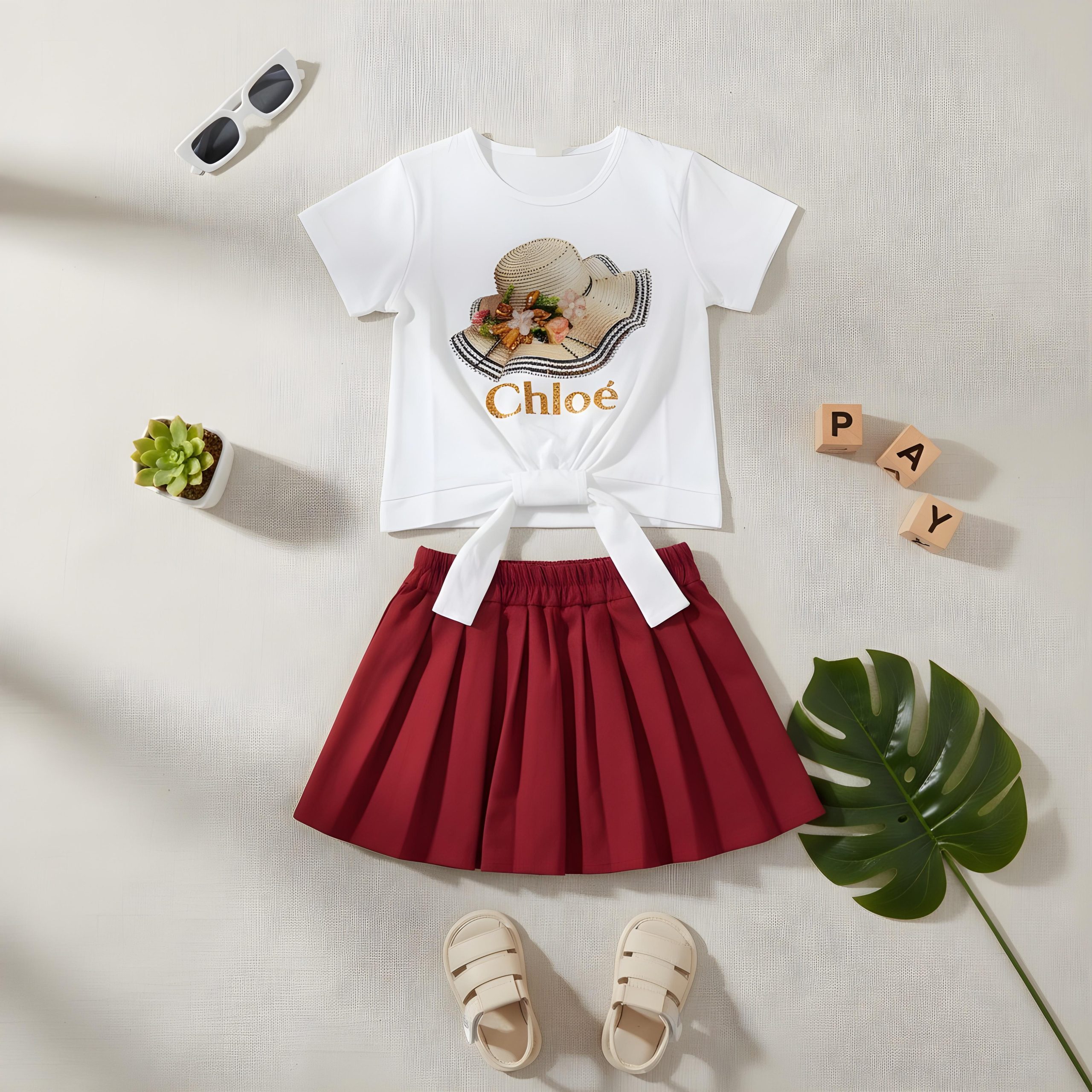 Girls Summer Outfit – White Top & Red Skirt - Image 2